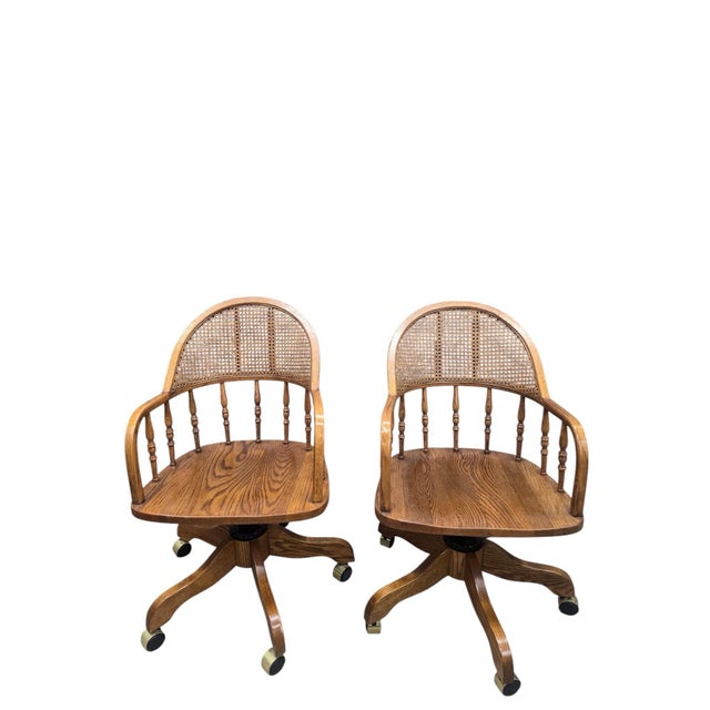 Wood Vintage Cane Back Swivel Captain’s Desk Chairs by Min-Lee – Pair For Sale - Image 7 of 12