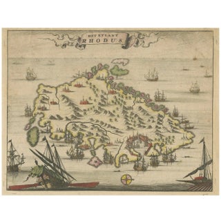 Hand-Colored Engraved View of Rhodes and Island of Rhodus by O. Dapper, 1687 For Sale