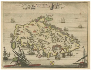 Hand-Colored Engraved View of Rhodes and Island of Rhodus by O. Dapper, 1687
