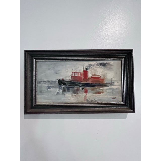 Vintage Impressionist Oil on Board Harbor Tugboat Painting For Sale - Image 4 of 9