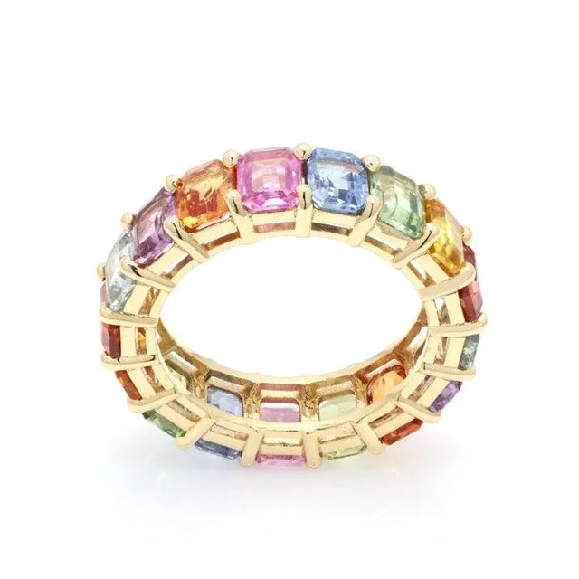 Metal 8.31 Ct Cushion Cut Multi Sapphire 18k Gold Eternity Band Ring 7 For Sale - Image 7 of 14