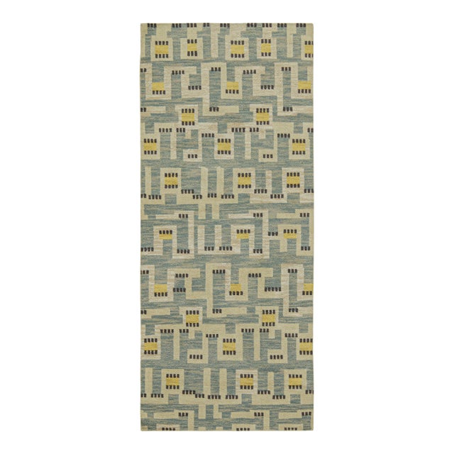 2010s Rug & Kilim’s Scandinavian Style Rug in Blue With Beige & Gold Geometric Pattern For Sale