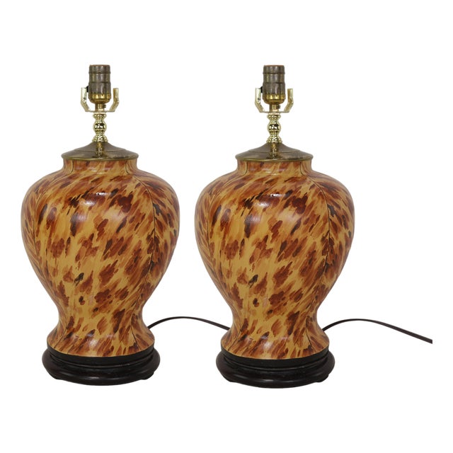 Early 21st-Century Hand-Painted Tortoiseshell-Patterned Art Ceramic Table Lamps - a Pair For Sale