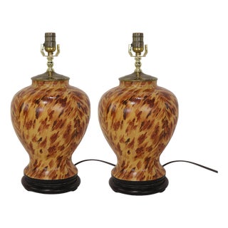 These Are a Pair of Early 21st-Century Hand-Painted Tortoiseshell-Patterned Art Ceramic Table Lamps. For Sale