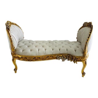 Marquis French Tufted Velvet & Gold Frame Bench For Sale