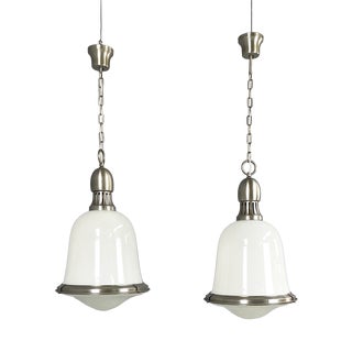 Mid-Century Modern Italian Opaline Glass and Metal Pendants, 1960s, Set of 2 For Sale