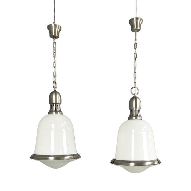 Mid-Century Modern Italian Opaline Glass and Metal Pendants, 1960s, Set of 2 For Sale