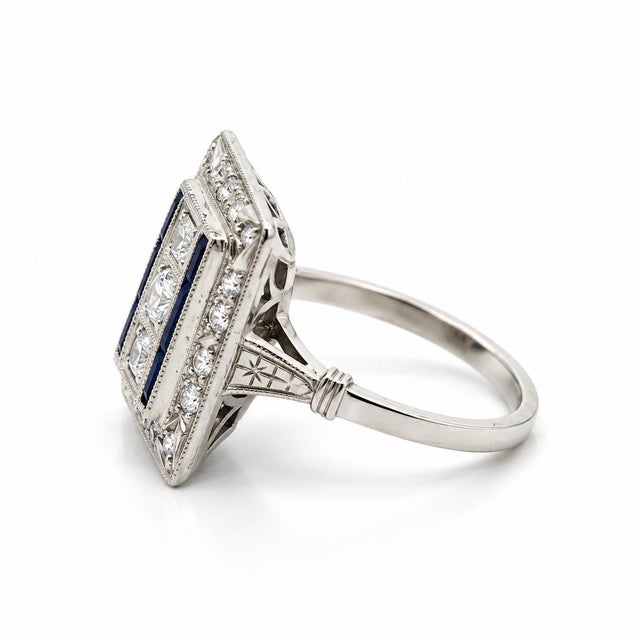 Mid 20th Century Vintage Art Deco Platinum Sapphire & Diamond Ring, Size 6.5 For Sale - Image 5 of 6