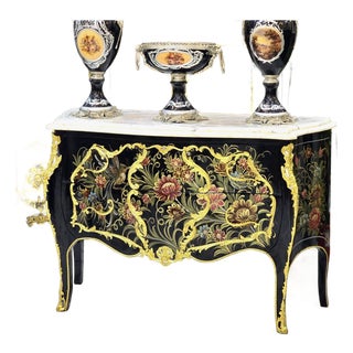Louis XV Hand-Painted Floral Bombe Chest With Marble Top & Gold Leaf Details For Sale