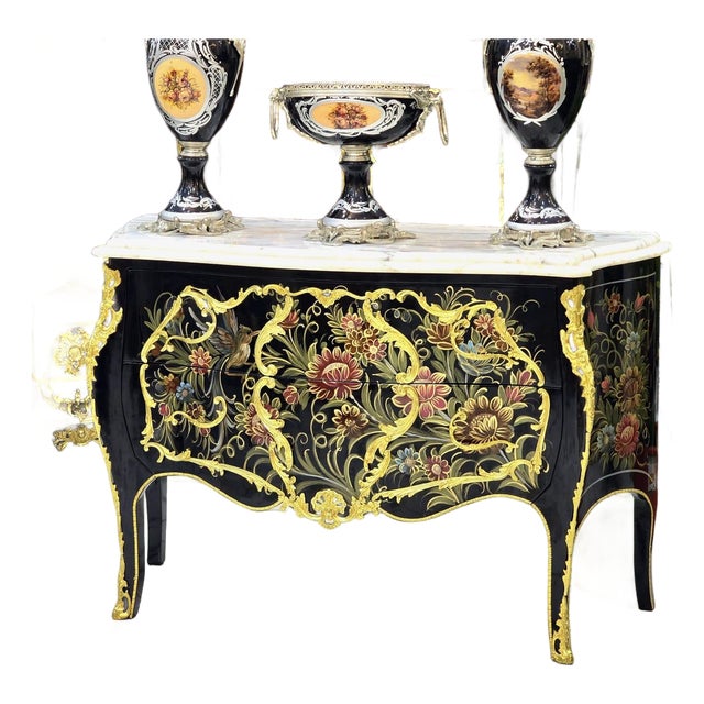 Louis XV Hand-Painted Floral Bombe Chest With Marble Top & Gold Leaf Details For Sale