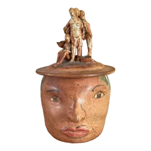 2000s Julius Forzano Lidded Face Ceramic Vessel