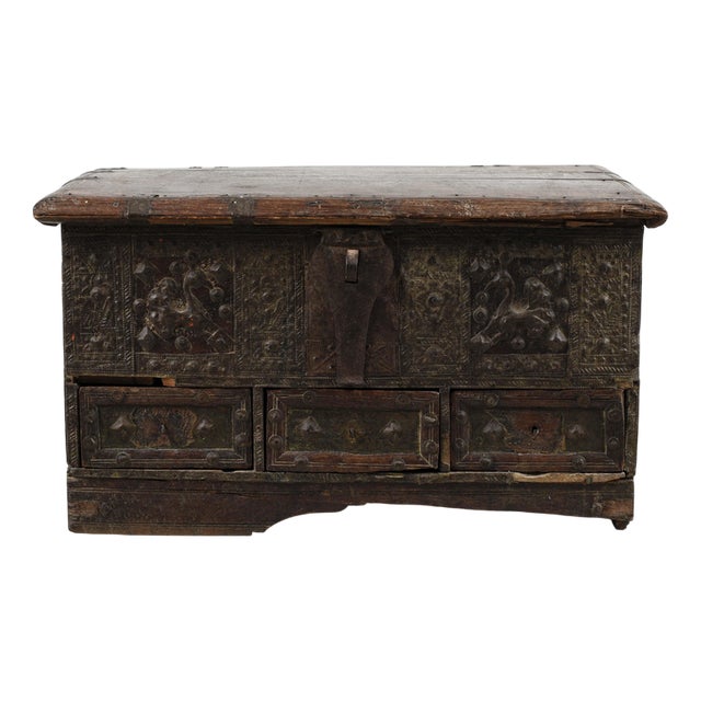 Chest with Engraved and Carved Metal Studs For Sale