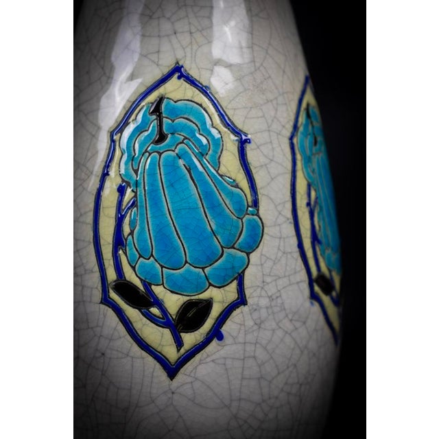 Art Deco Vase in Glazed Crackled Earthenware with Blue Flowers by Maurice Dufrene for Keramis, La Louviere, Belgium, 1920s For Sale - Image 9 of 15