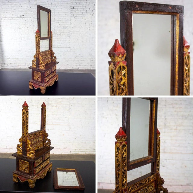 Late 19th to 20th Century Indonesian Maduran Tabletop Jewelry Case or Vanity Mirror W/Chest For Sale - Image 15 of 18
