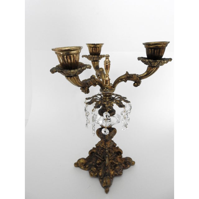 Early 20th Century French Gold Leaf Cast Iron Girandoles Candelabras With Crystal Pendalogues - Set of 2 For Sale - Image 12 of 12