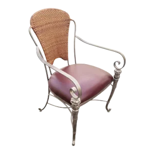 Vintage Maitland Smith Style Antique Silver Iron Wicker Leather Back Side Desk Chair