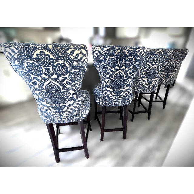 Modern Regal Blue & Ivory Damask Bohemian Lotus Flower Design Counter Stools Set of 4 For Sale - Image 4 of 10