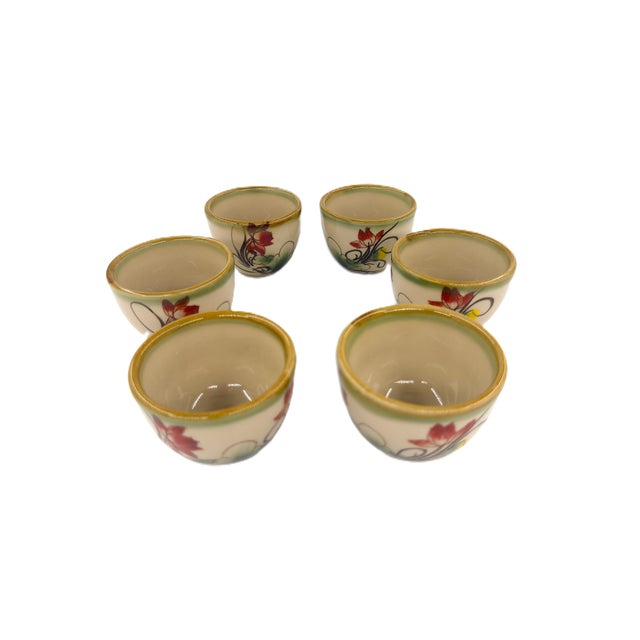 Ceramic Asian Modern Bat Trang Vietnamese Ceramic Teapot, 6 Teacups & Dessert Tray With Striking Hand Painted Lotus Motif - Set of 8 For Sale - Image 7 of 17