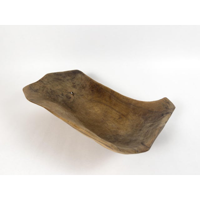 French Provincial Vintage Hand-Carved Wooden Trough Bowl – Sculptural Rustic Centerpiece With Natural Patina For Sale - Image 3 of 18