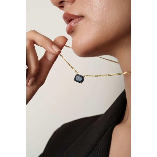 Ink Blue Cushion Cut 5.2ct Blue Sapphire Solitaire Necklace in 14k Yellow Gold Curb Chain For Sale - Image 8 of 16