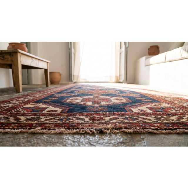 1890s Blue Navy Harshang Geometric Antique Nw Persian Rug 4'0" X 10'6" Handmade Wool Carpet For Sale In New York - Image 6 of 7