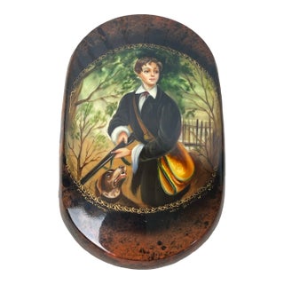 Fedoskino Russian Lacquer Box a Shchetinina Signed Hunter Dog Art Mint Vintage For Sale