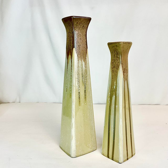 1980s Boho Chic Arts & Crafts Brown Drip Studio Pottery Vases - A Pair For Sale - Image 4 of 12