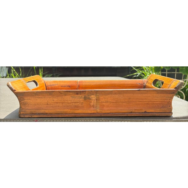 English Large Vintage Handmade Bamboo and Split Reed Tray With Handles For Sale - Image 3 of 12