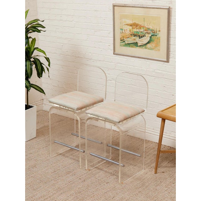 Transparent Mid 20th Century Lucite Pair of Stools With Seat Pads, Pair For Sale - Image 8 of 11