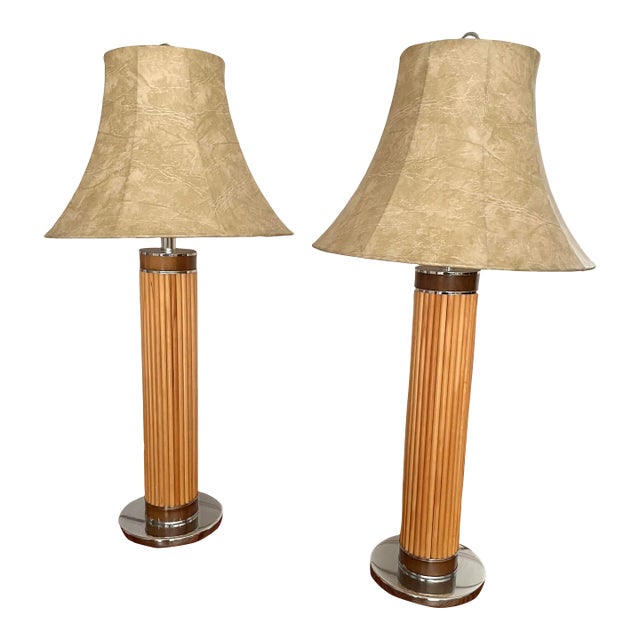 1970s Mid Century Pencil Reed Chrome Table Lamps- a Pair For Sale