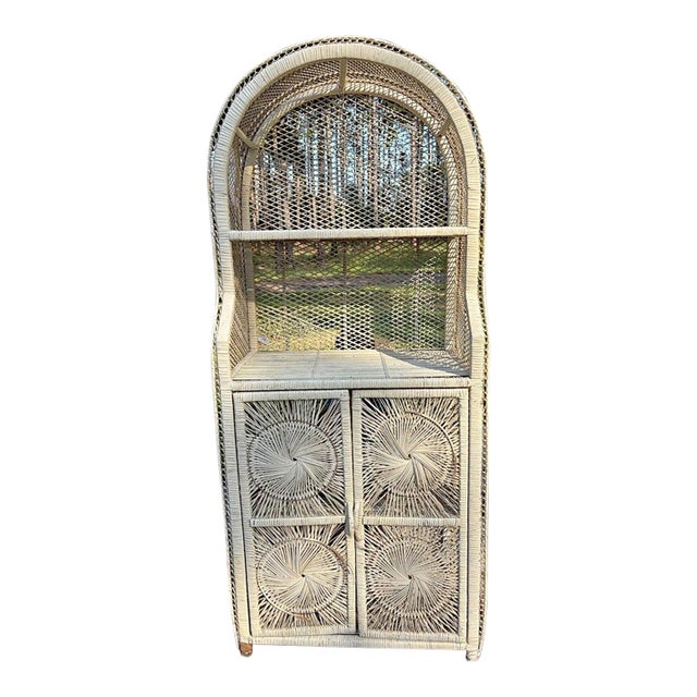 Vintage 1970s Palm Beach Coastal Arched Wicker & Rattan Étagère Hutch Cabinet With Sunburst Doors For Sale
