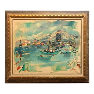 Mordechai Avniel, 1940s Israeli Modernist Oil Painting Marine Harbor Landscape Bezalel School