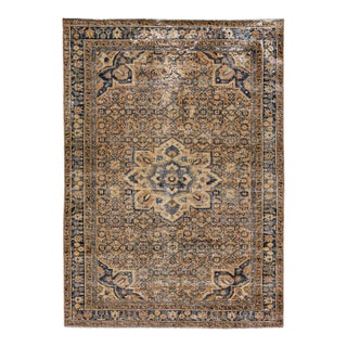 1960s Vintage Persian Distressed Handmade Medallion Beige Wool Rug For Sale