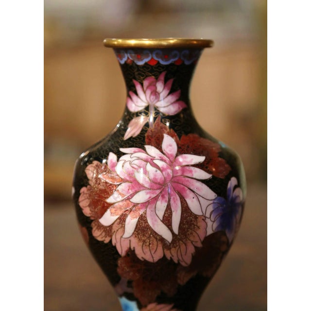 Vintage Chinese Cloisonne Enamel Vase With Floral and Leaf