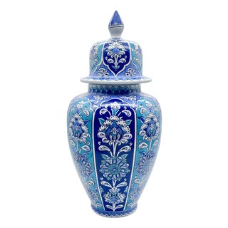 Handmade Ceramic Shah Vase (30cm) Turquoise and Dark Blue Vertical Panels Temple Jar For Sale