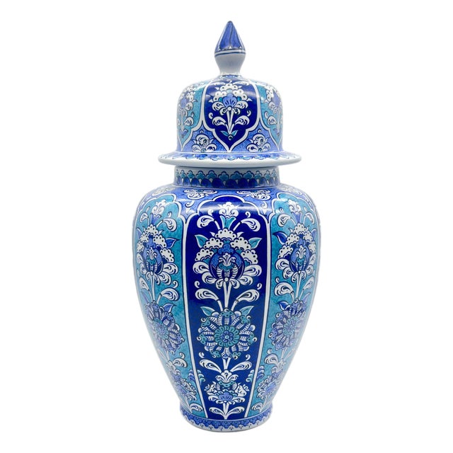 Handmade Ceramic Shah Vase (30cm) Turquoise and Dark Blue Vertical Panels Temple Jar For Sale