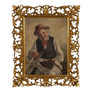 Antique Italian Genre Scene Oil Painting "Shoe Shiner" Cobbler by Ezio Ricci Gilded Florentine Frame, Circa 1910