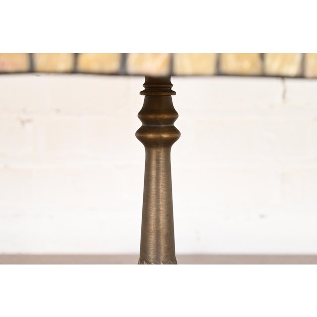 Bronze Tiffany Studios Style Arts & Crafts Table Lamp With Jeweled Caramel Glass Shade For Sale - Image 8 of 11
