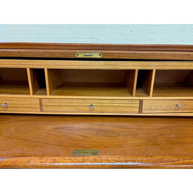 Mid Century Swedish Bookmatched Teak Roll Top Secretary Desk by Egon Ostergaard for Smi, Signed For Sale In New York - Image 6 of 13