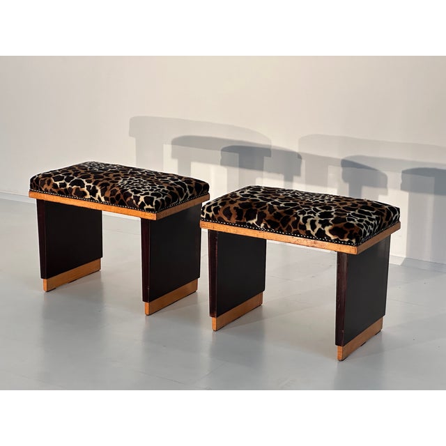 Black Vintage Art Deco Poufs in Spotted Leo Fabric, 1930s, Set of 2 For Sale - Image 8 of 8