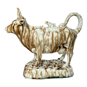 Antique Staffordshire Pottery Brown Drip Glaze Figural Cow Creamer