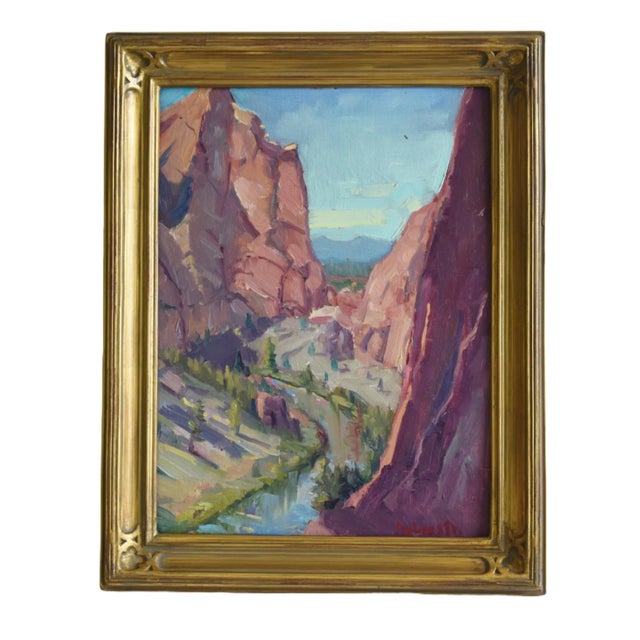 Wood Silvio Silvestri, Listed Artist Canyon Mountains & River Landscape Oil Painting Including Antiqued Gold Frame For Sale - Image 7 of 11