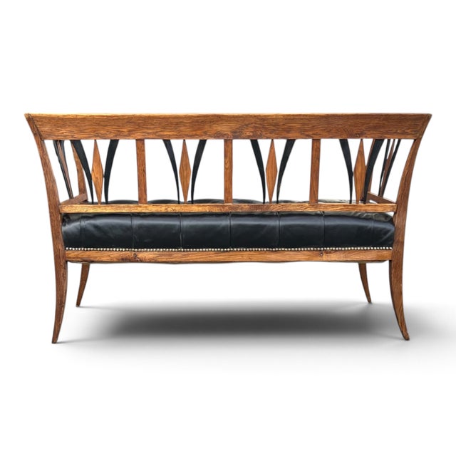 Vintage Sculpted Wood Bench With Button-Tufted Black Leather Seat For Sale - Image 12 of 12