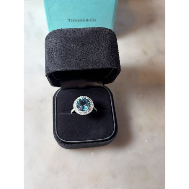 Tiffany & Co. Platinum Soleste Aquamarine & Diamond Ring 3.95ct 7.17g, Size 5 For Sale - Image 9 of 11