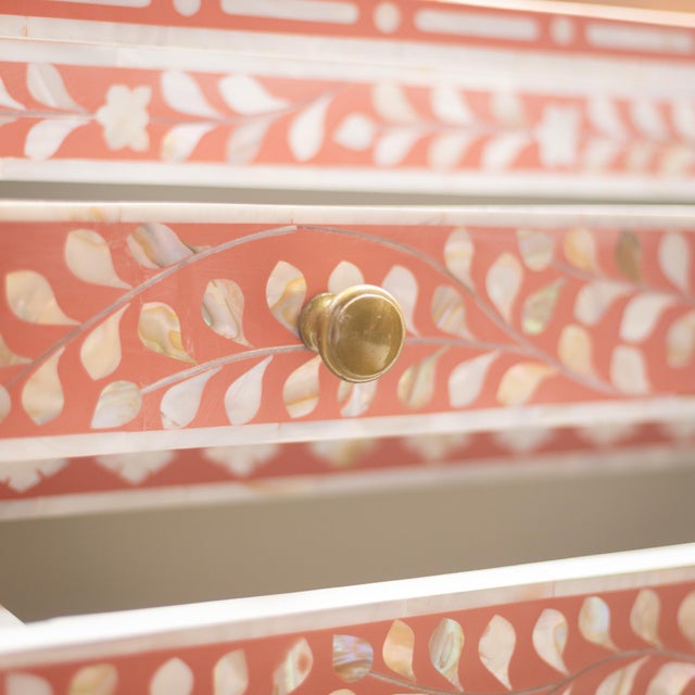 Arts & Crafts Arabesque Inlay Five-Drawer Tallboy - Coral by House of Jaipur For Sale - Image 3 of 10