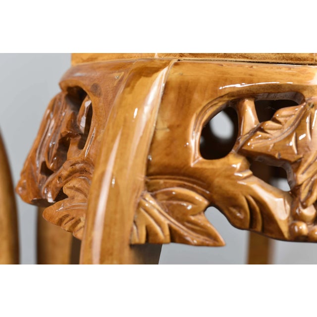 Mid Century Chinoiserie Carved Wood Marble Top Plant Stand Pedestal Table - a Pair For Sale - Image 12 of 12