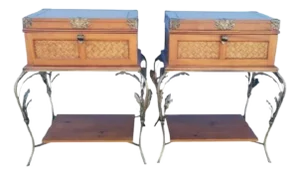 Vintage Tropical Regency Chest Style 1 Drawer Palm Leaf Iron Base Side End Night Tables- A Pair