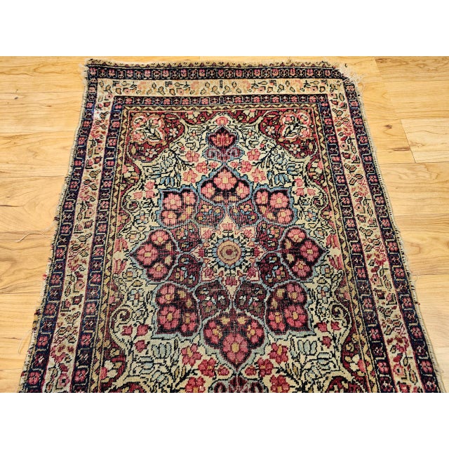 Persian 19th Century Persian Kerman Lavar Rug, Hand-Knotted Wool, Floral Pattern, Ivory & Burgundy, 2x3 For Sale - Image 3 of 9