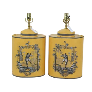 English Export Chinoiserie Yellow Tea Canister Hand Painted Table Lamp