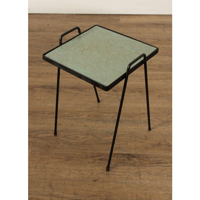 Mid Century Modern Pair of Wrought Iron Tile Top Tray Tables For Sale - Image 11 of 12